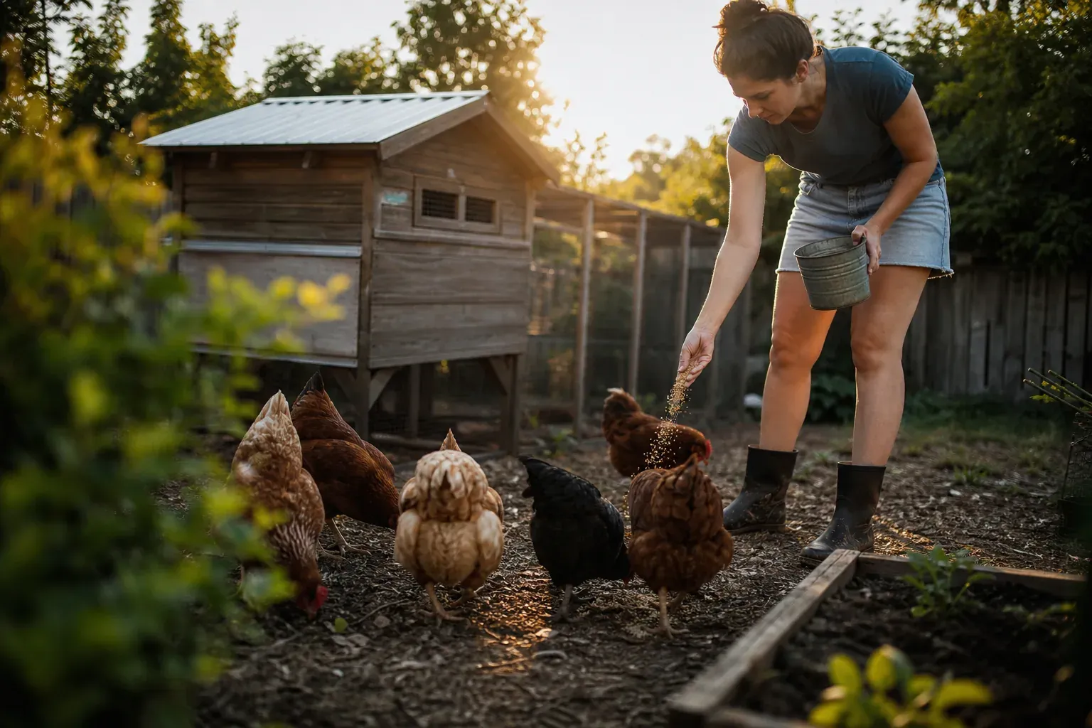 Un petit poulailler en bois dans un jardin, avec plusieurs poules autour d’une personne qui distribue de la nourriture au lever du jour.