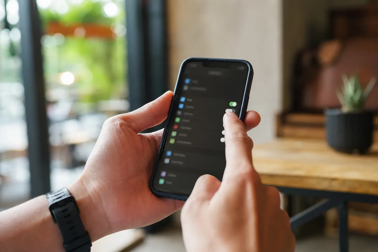 Gros plan de mains désactivant les données mobiles sur un smartphone, dans un café lumineux, avec l’écran des réglages réseau visible.