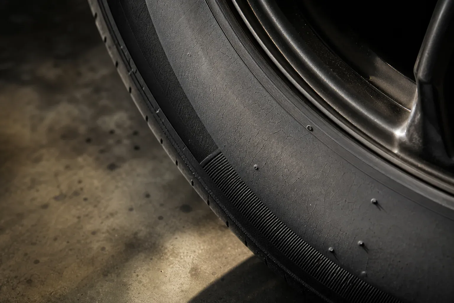 Gros plan sur le flanc et l'épaule d'un pneu de voiture, où apparaît un réseau de fines craquelures dans la gomme vieillie.