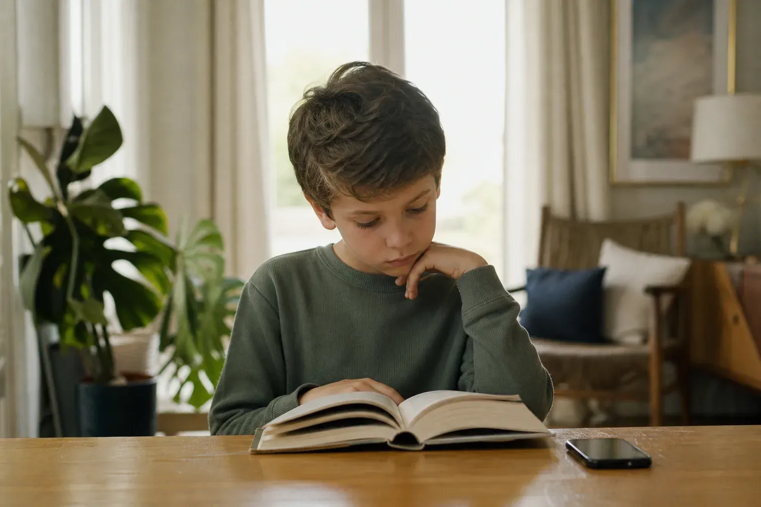 Un enfant seul dans un salon familial lumineux, assis à une table en train de lire, avec un téléphone posé à côté de lui.