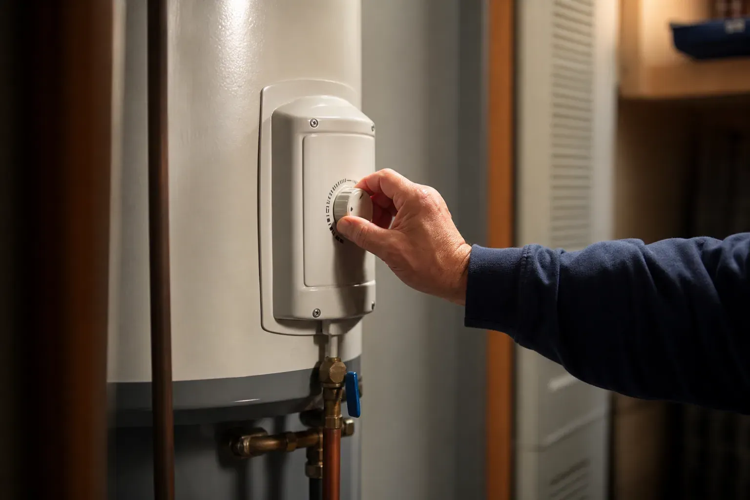 Une personne règle le thermostat d’un chauffe-eau électrique blanc installé dans un cellier, avec une lumière chaude et naturelle.