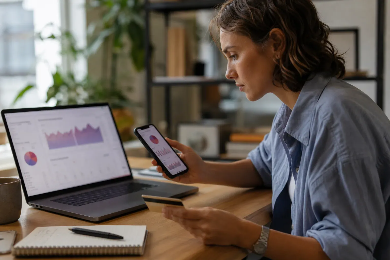 Un social media manager consulte des statistiques Instagram et TikTok sur ordinateur et smartphone dans un bureau moderne.
