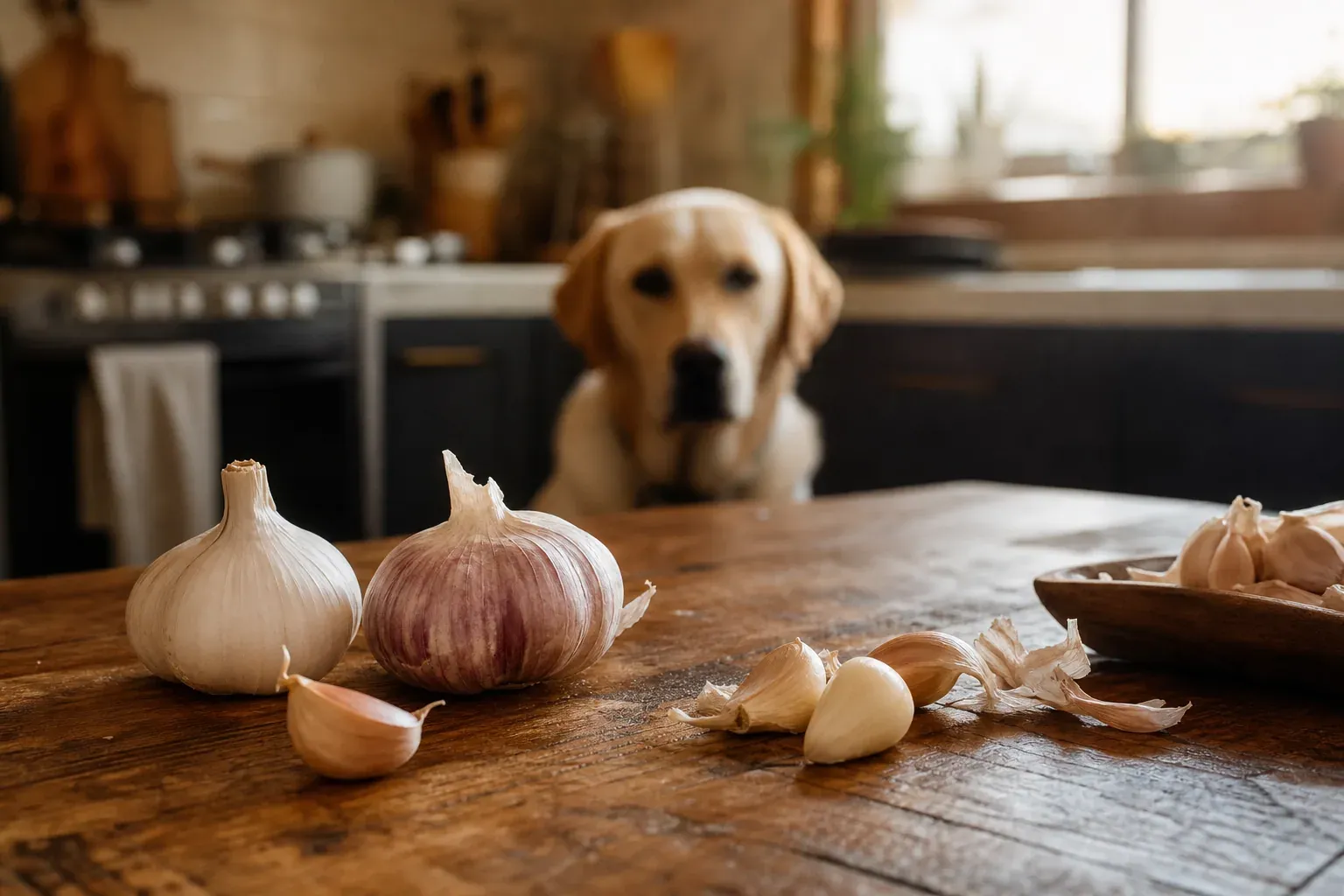 Gousses d'ail entières et épluchées posées sur une table en bois à côté d'un chien assis en arrière-plan, lumière naturelle de cuisine.