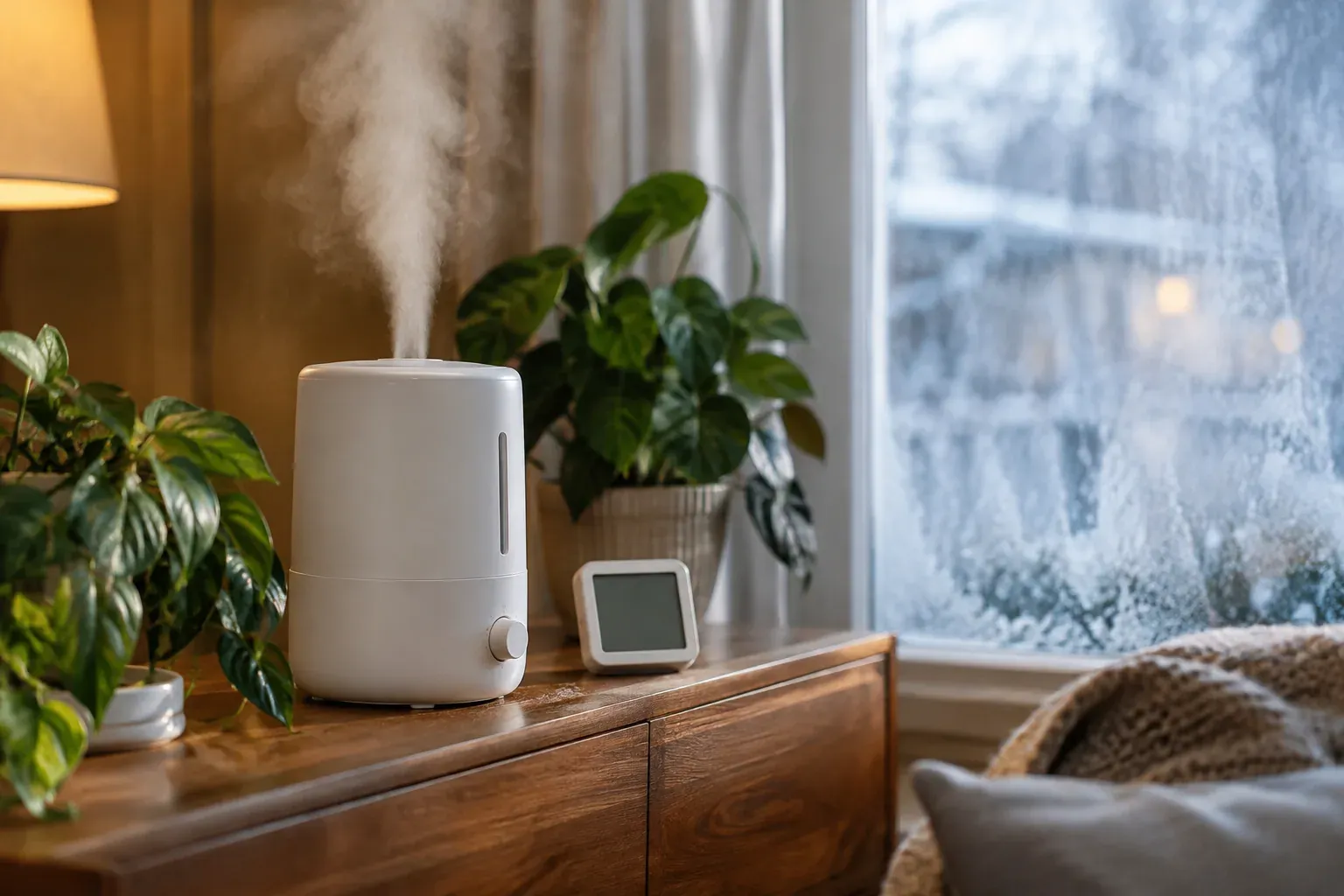 Petit humidificateur blanc diffusant une brume légère sur un buffet en bois dans un salon chauffé en hiver, à côté d'un hygromètre et de plantes vertes.