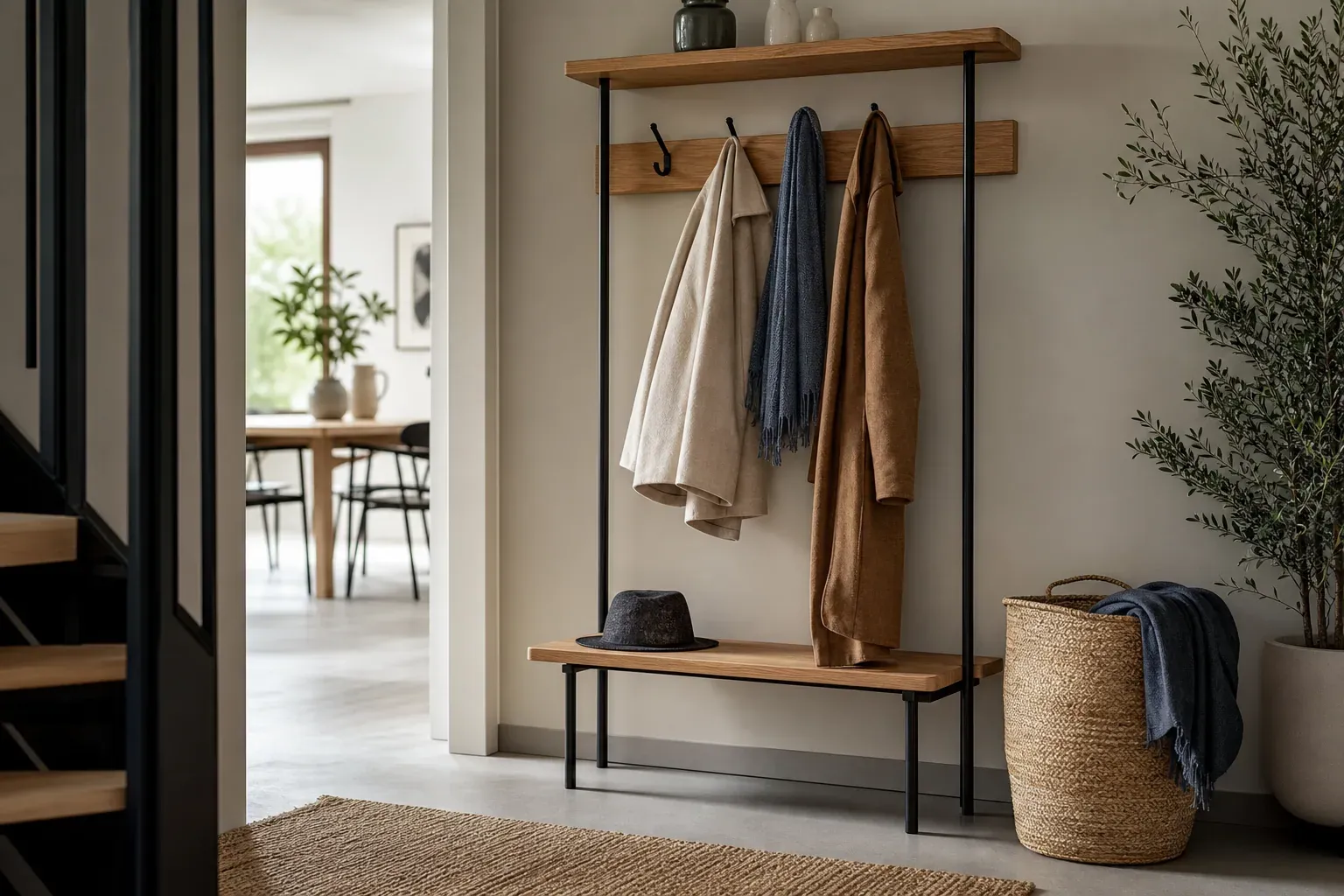 Entrée contemporaine avec porte-manteau design en bois et métal, manteaux suspendus et décoration épurée