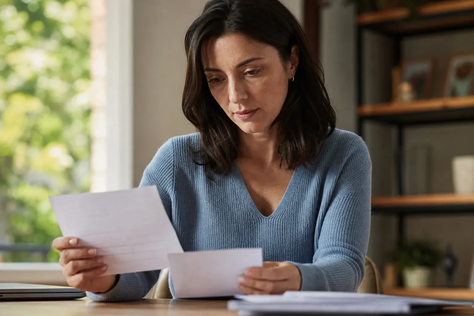 Personne consultant un arrêt de travail et une fiche de paie à une table, ambiance calme, lumière naturelle.