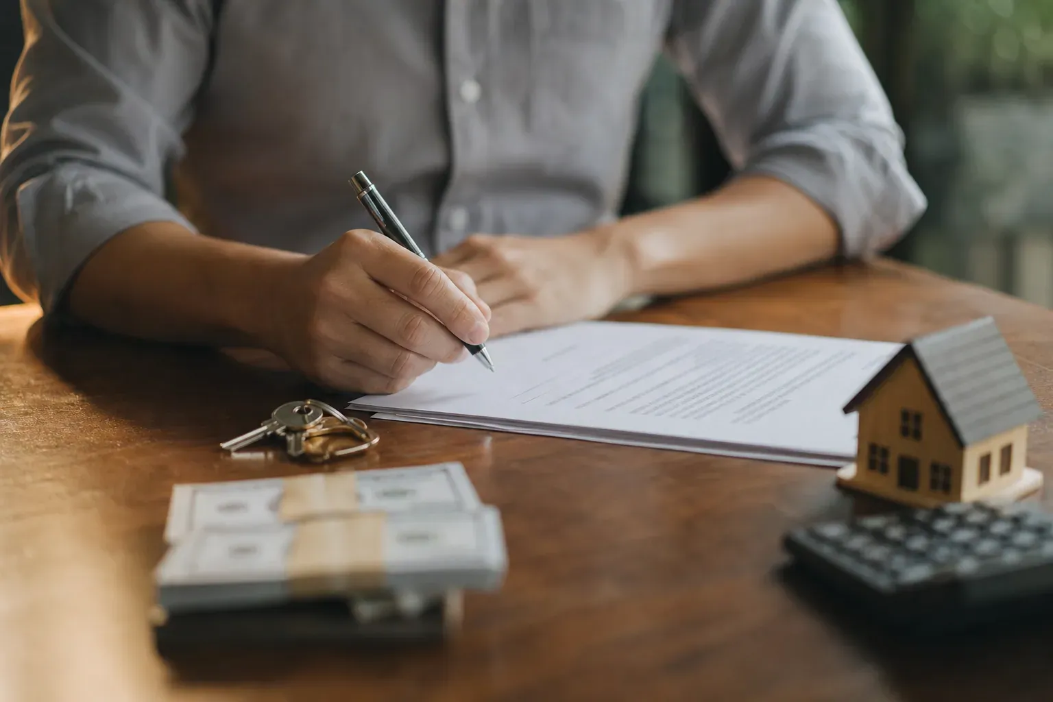 Personne signant un contrat de réservation avec un premier versement, documents et stylo sur une table, lumière naturelle.