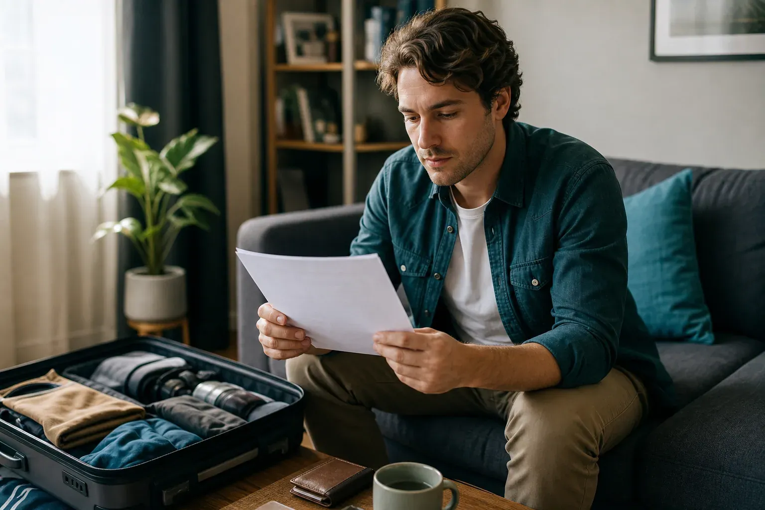 Voyageur consultant son contrat d'assurance annulation et sa valise préparée, ambiance calme, lumière naturelle.