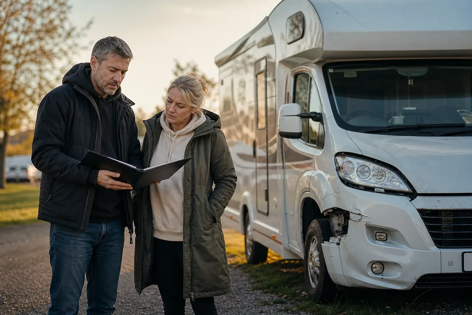 Un couple examine les dégâts d’un camping-car récent avec des documents d’assurance, sur une aire de camping en lumière naturelle.