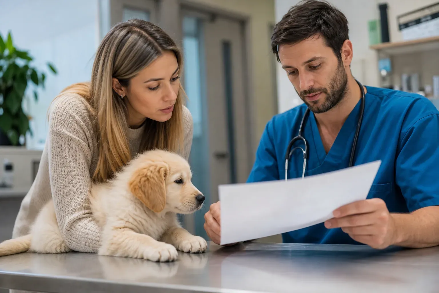 Un chiot sur une table de consultation vétérinaire avec son propriétaire et un vétérinaire qui examine des documents d’assurance.