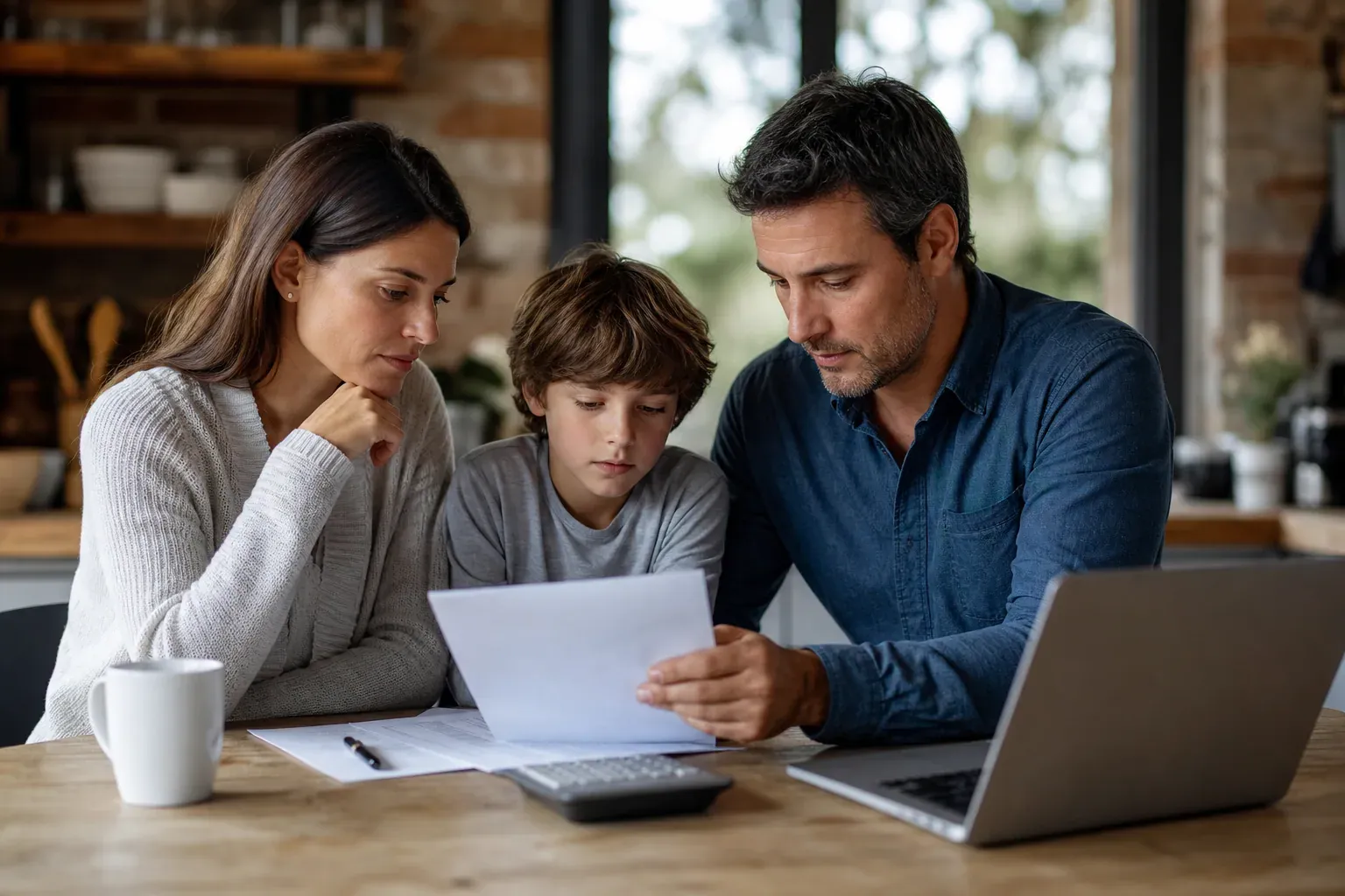 Une famille française examine des documents d’assurance décès autour d’une table, avec un ordinateur portable et un calculateur.