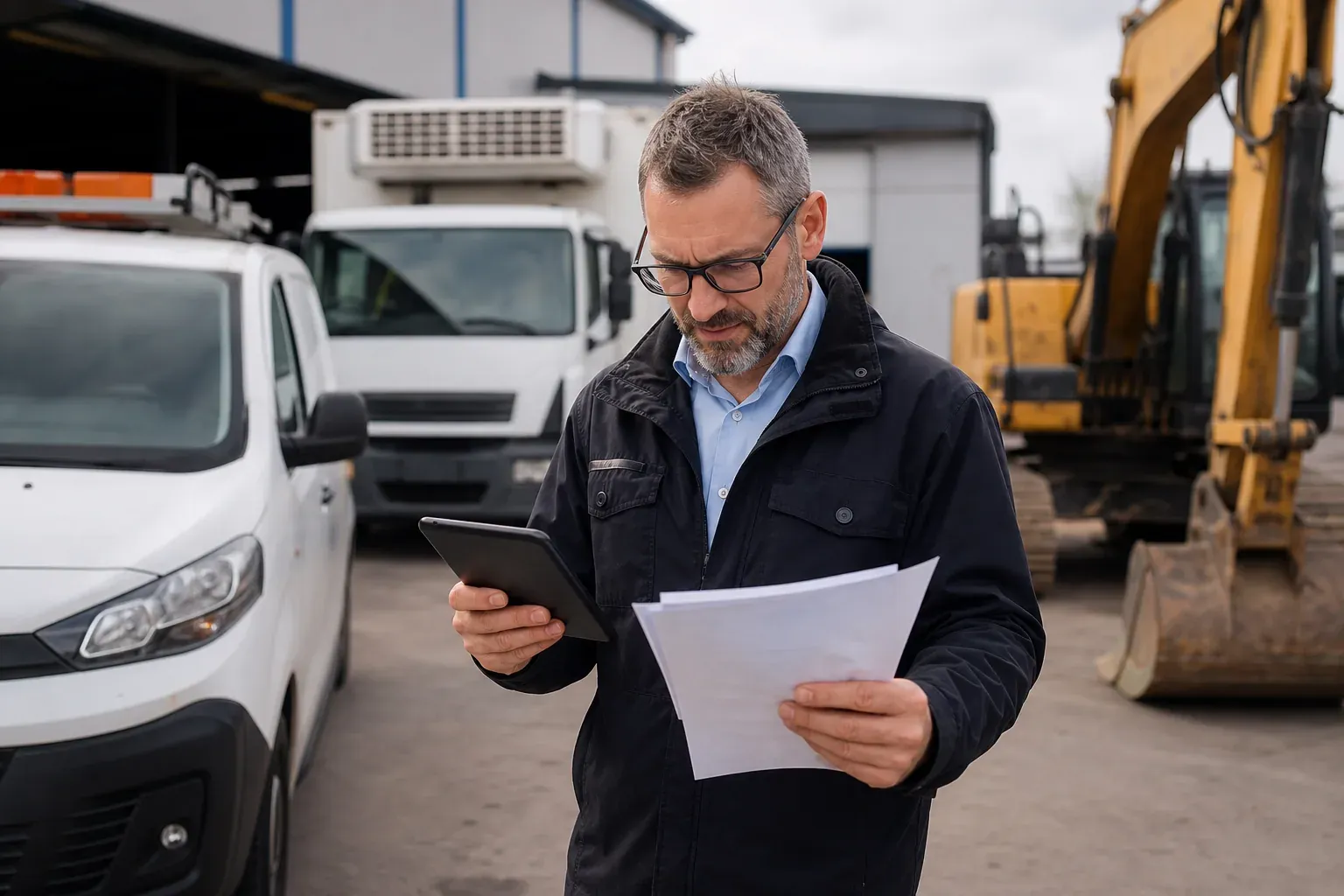 Gestionnaire de flotte dans un dépôt industriel, avec utilitaire, camion frigorifique et engin de chantier, consultant des documents d’assurance sur tablette.