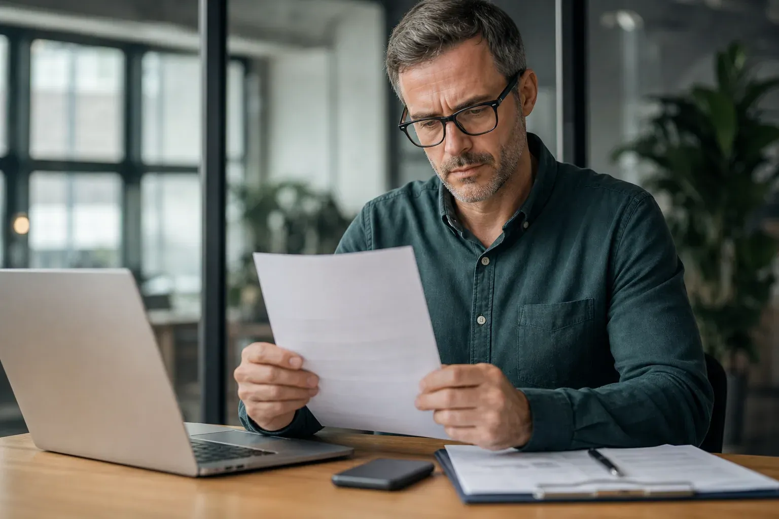Entrepreneur assis à son bureau avec une lettre de résiliation d’assurance professionnelle, un ordinateur portable et des documents, dans une ambiance réaliste de travail.