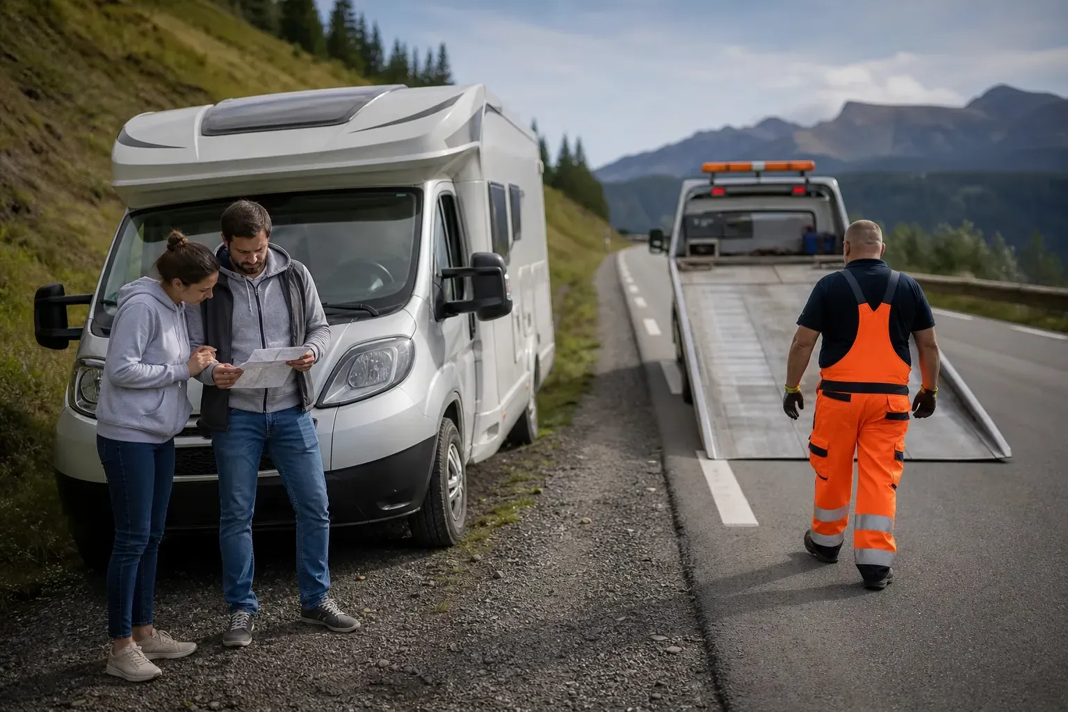 Camping-car immobilisé sur le bord d’une route avec une dépanneuse, un couple inquiet et des documents d’assurance à la main.