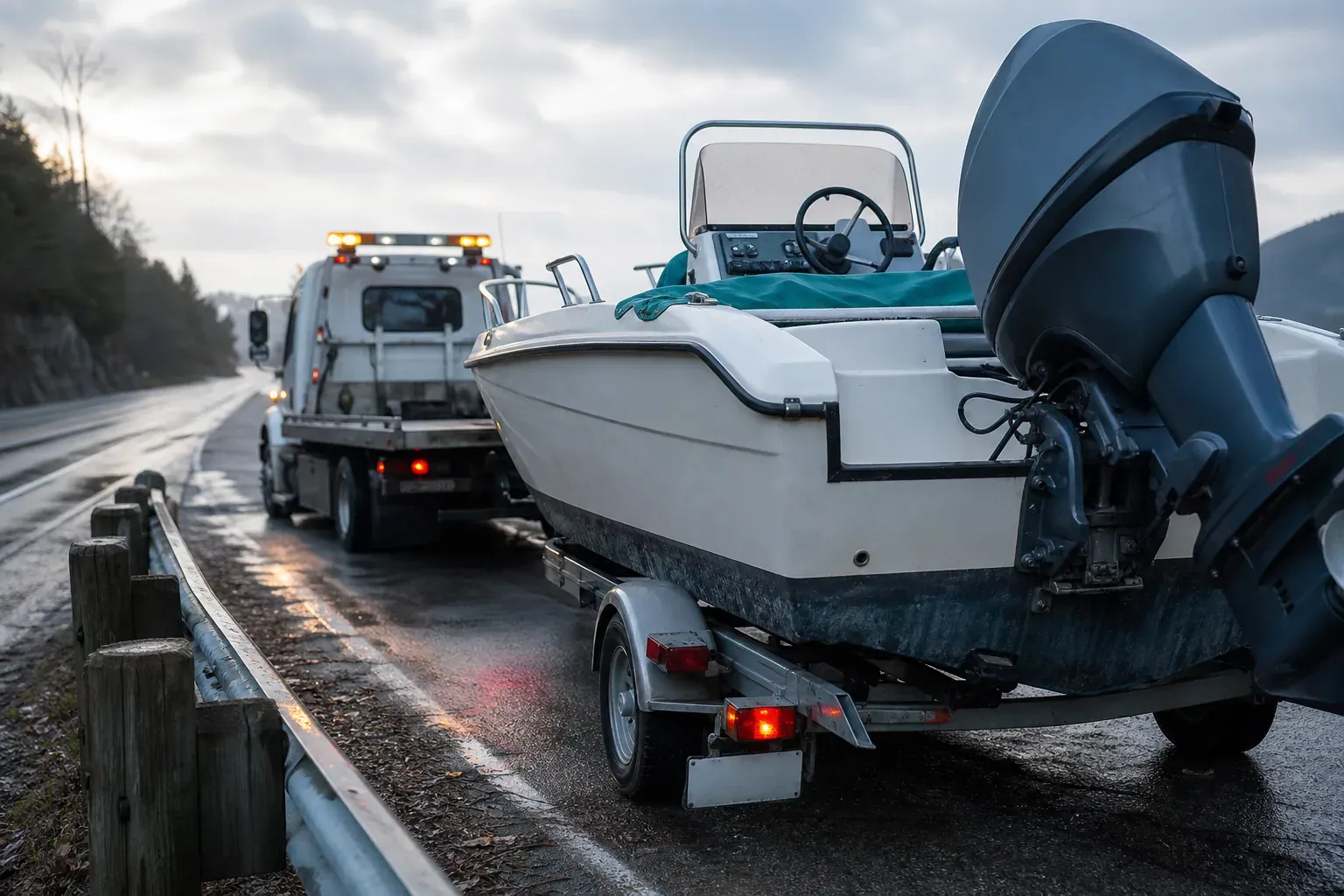 Un bateau de plaisance sur sa remorque, immobilisé au bord d’une route côtière avec un dépanneur à proximité.