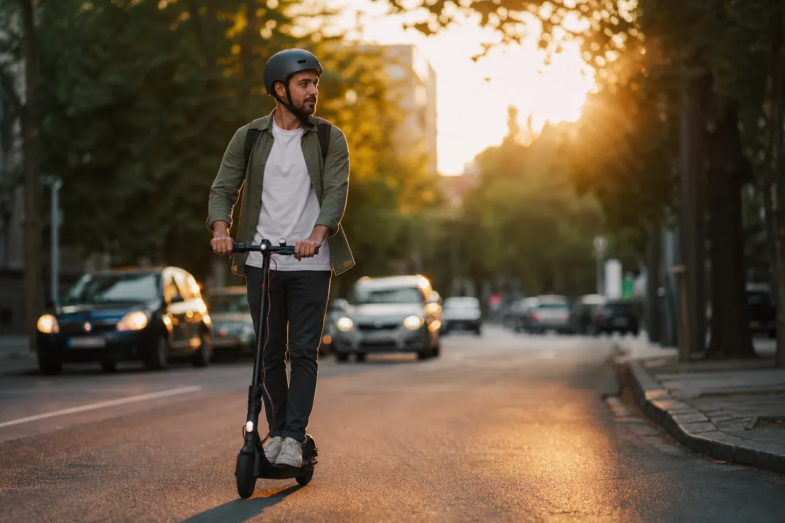 Personne roulant en trottinette électrique dans une rue urbaine avec un casque, lumière de fin de journée.