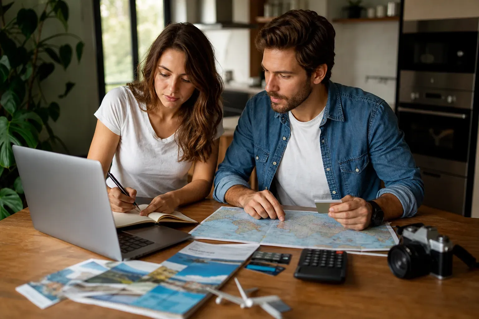 Un couple planifie ses vacances autour d’un budget, avec un ordinateur portable, un carnet, un calculateur et des documents de voyage sur une table.
