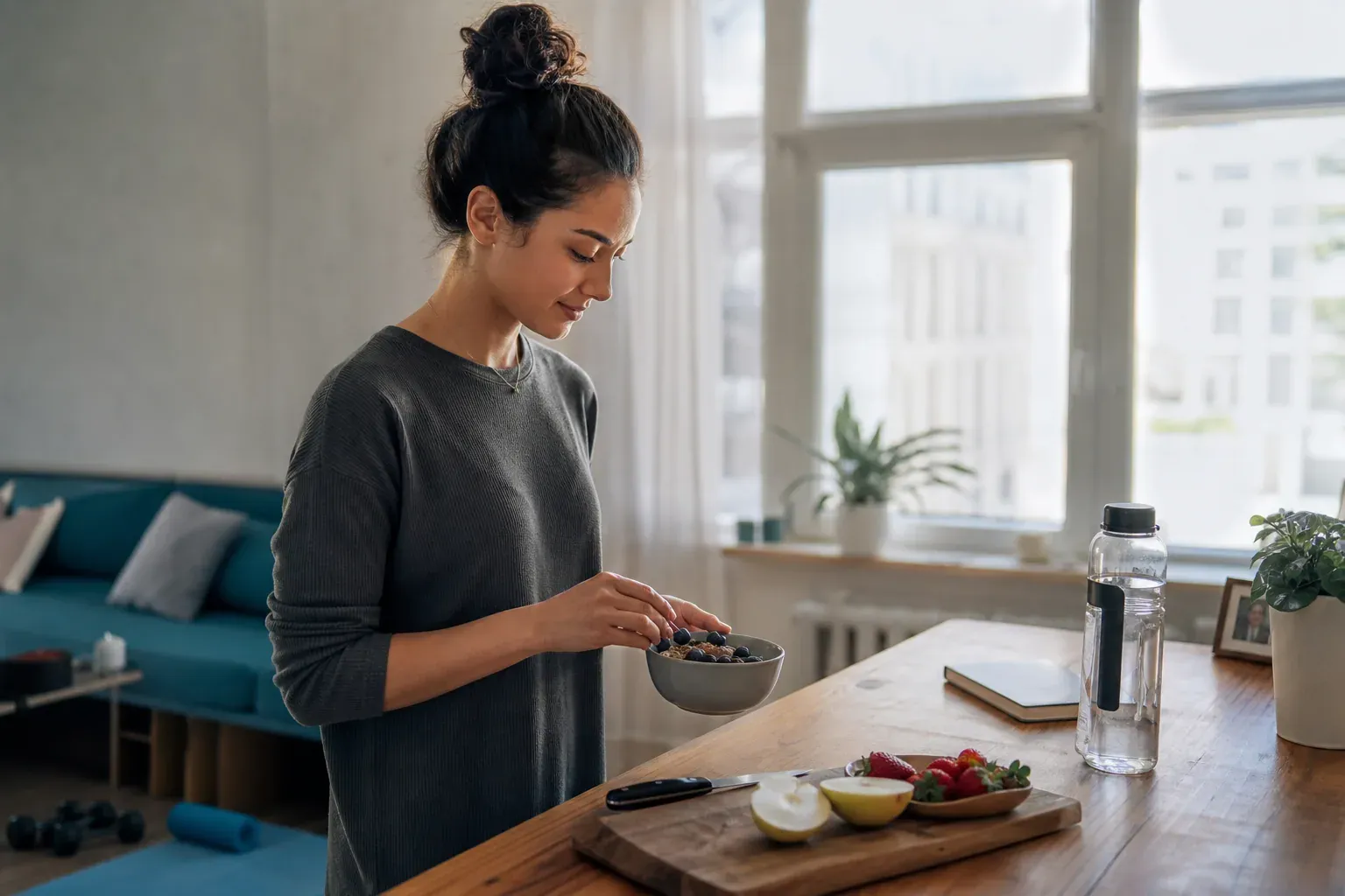 Une personne prépare un petit-déjeuner sain dans une cuisine lumineuse, avec une gourde, un carnet et un tapis de yoga en arrière-plan.