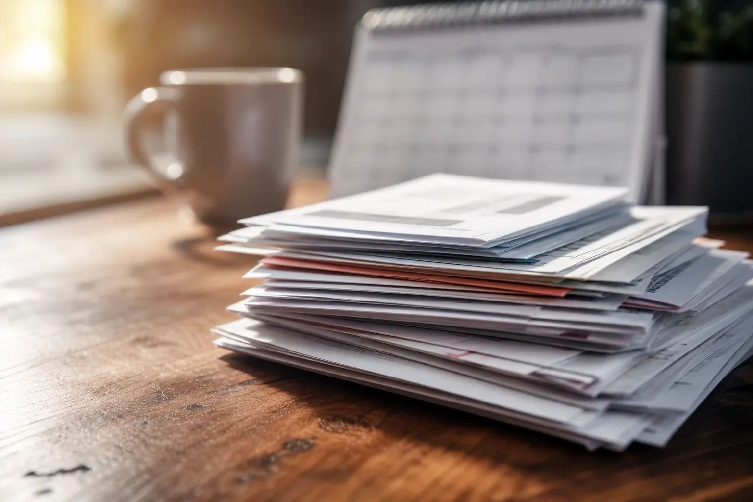 Pile de lettres de relance et de factures impayées posée sur un bureau en bois, avec un calendrier en arrière-plan.