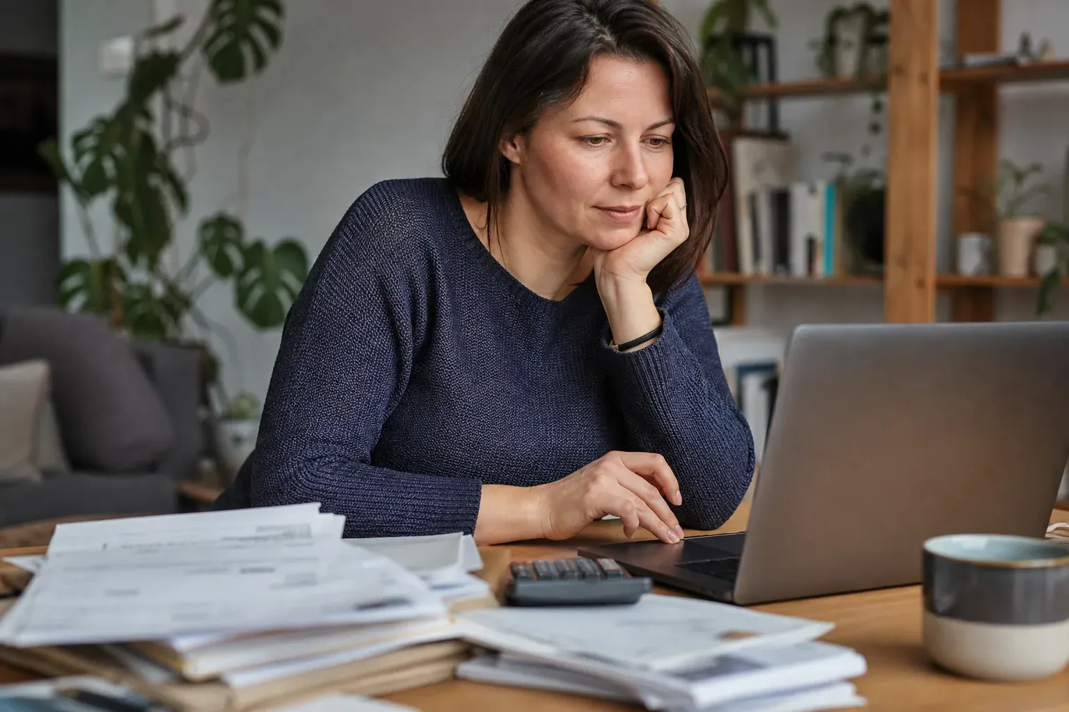 Auto-entrepreneur calculant ses cotisations sociales sur un ordinateur portable, factures et calculette sur le bureau, lumière naturelle.