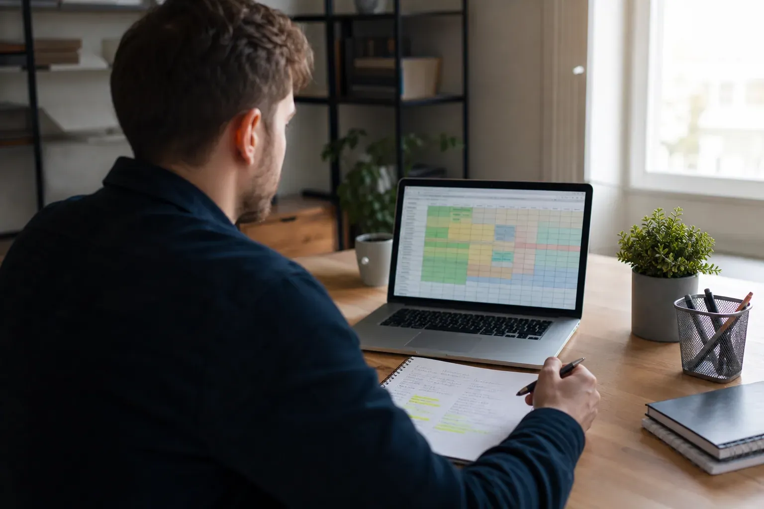 Personne en train de consulter une grille d’auto-évaluation mensuelle sur un ordinateur portable, avec carnet et stylo sur un bureau lumineux.
