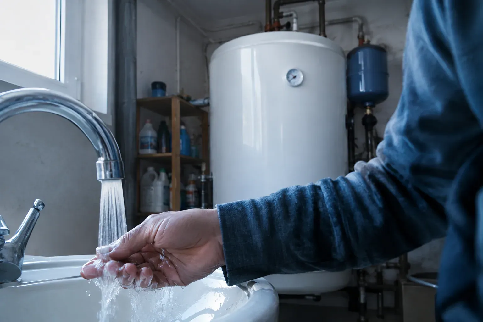 Main sous un robinet d'eau froide, devant un ballon d'eau chaude électrique blanc installé dans une buanderie.