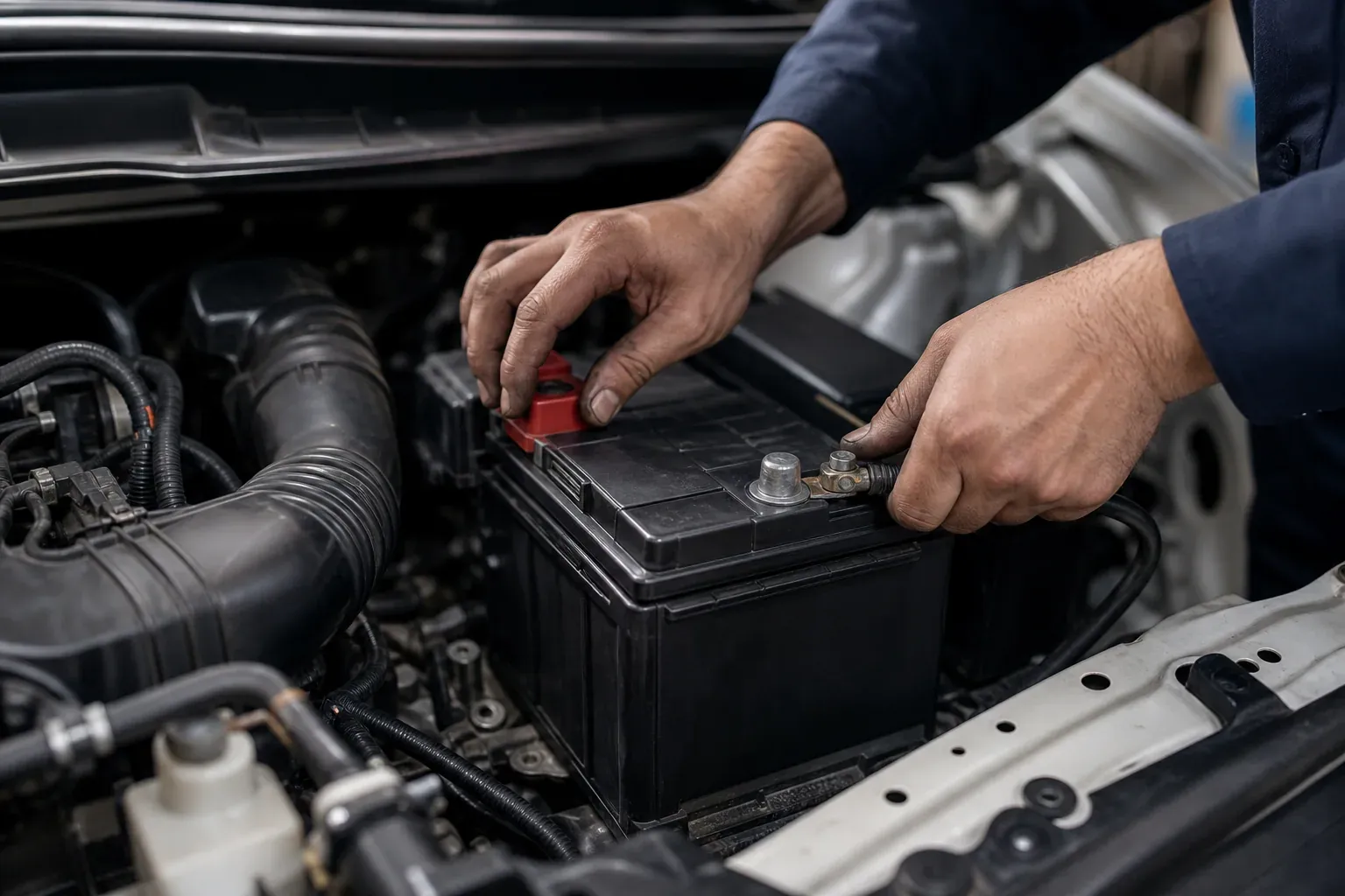 Un mécanicien installe une batterie de voiture étanche dans le compartiment moteur d’une voiture, en atelier, avec un gros plan sur les bornes et le boîtier.