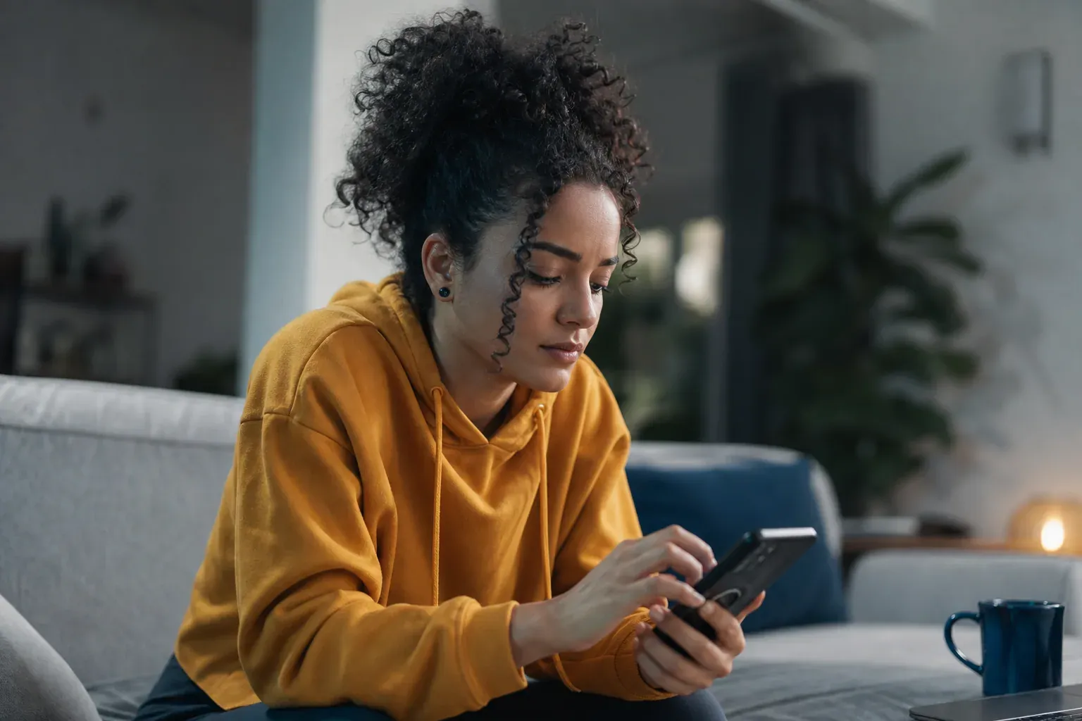 Personne configurant les paramètres de messagerie vocale sur son smartphone, lumière naturelle.