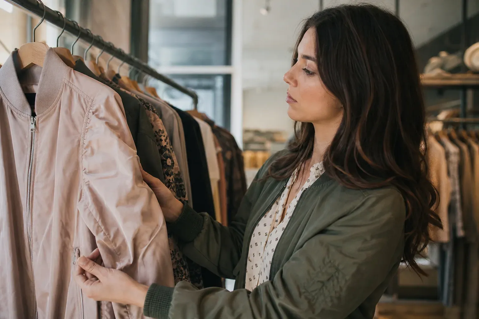 Une femme examine un bombers femme sur un portant dans une boutique de mode, en vérifiant le tissu et la fermeture éclair.