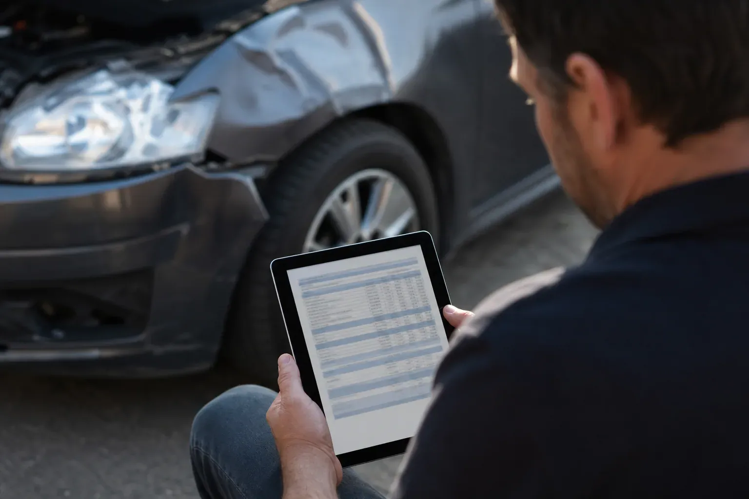 Conducteur consultant son relevé d'information d'assurance auto sur une tablette, voiture visible en arrière-plan, lumière naturelle.