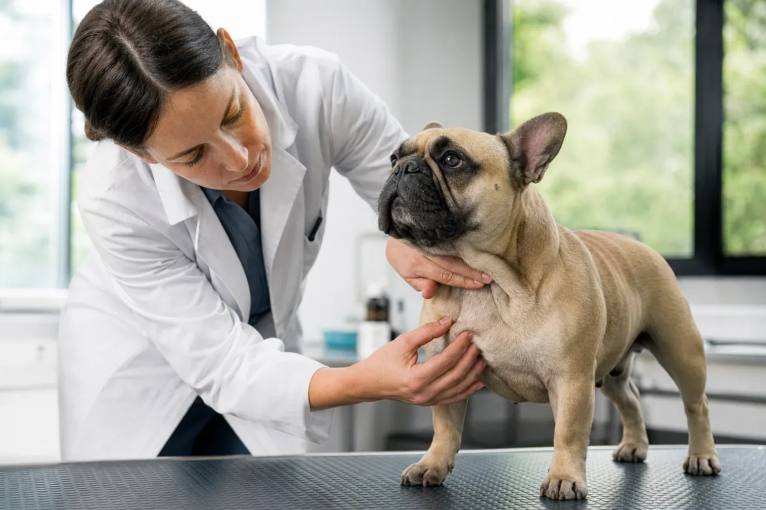 Bouledogue français examiné par un vétérinaire dans une clinique moderne, illustrant les besoins de santé spécifiques de la race.