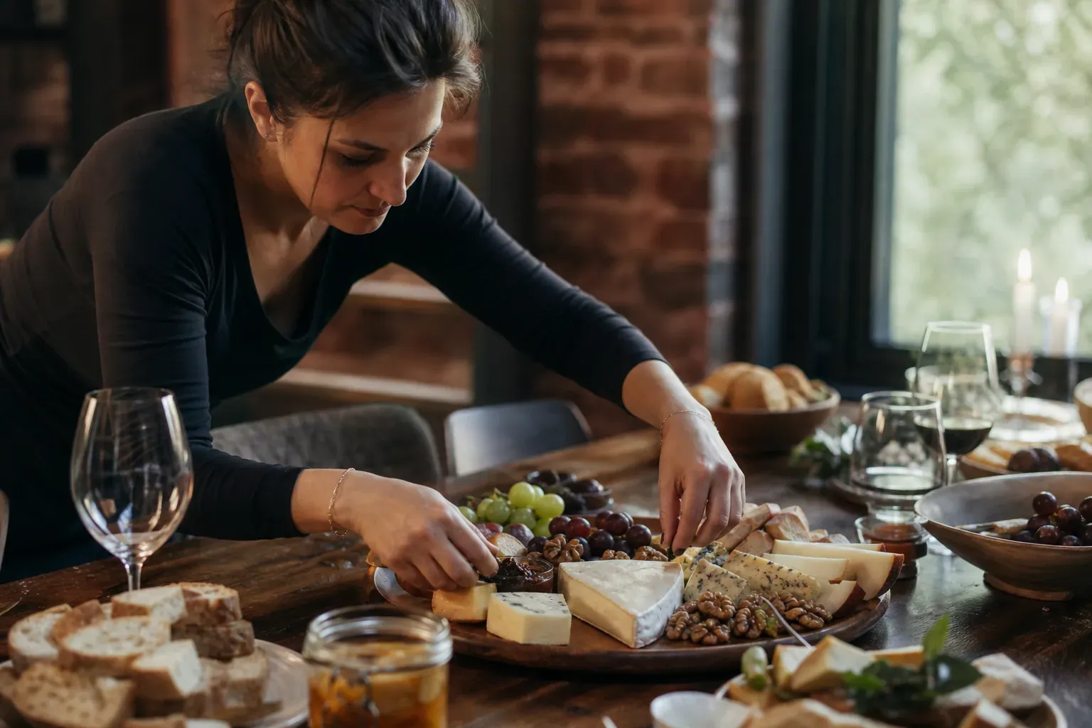 Un plateau de fromages variés préparé sur une table de réception, avec pain, fruits, condiments et verres, en lumière naturelle.