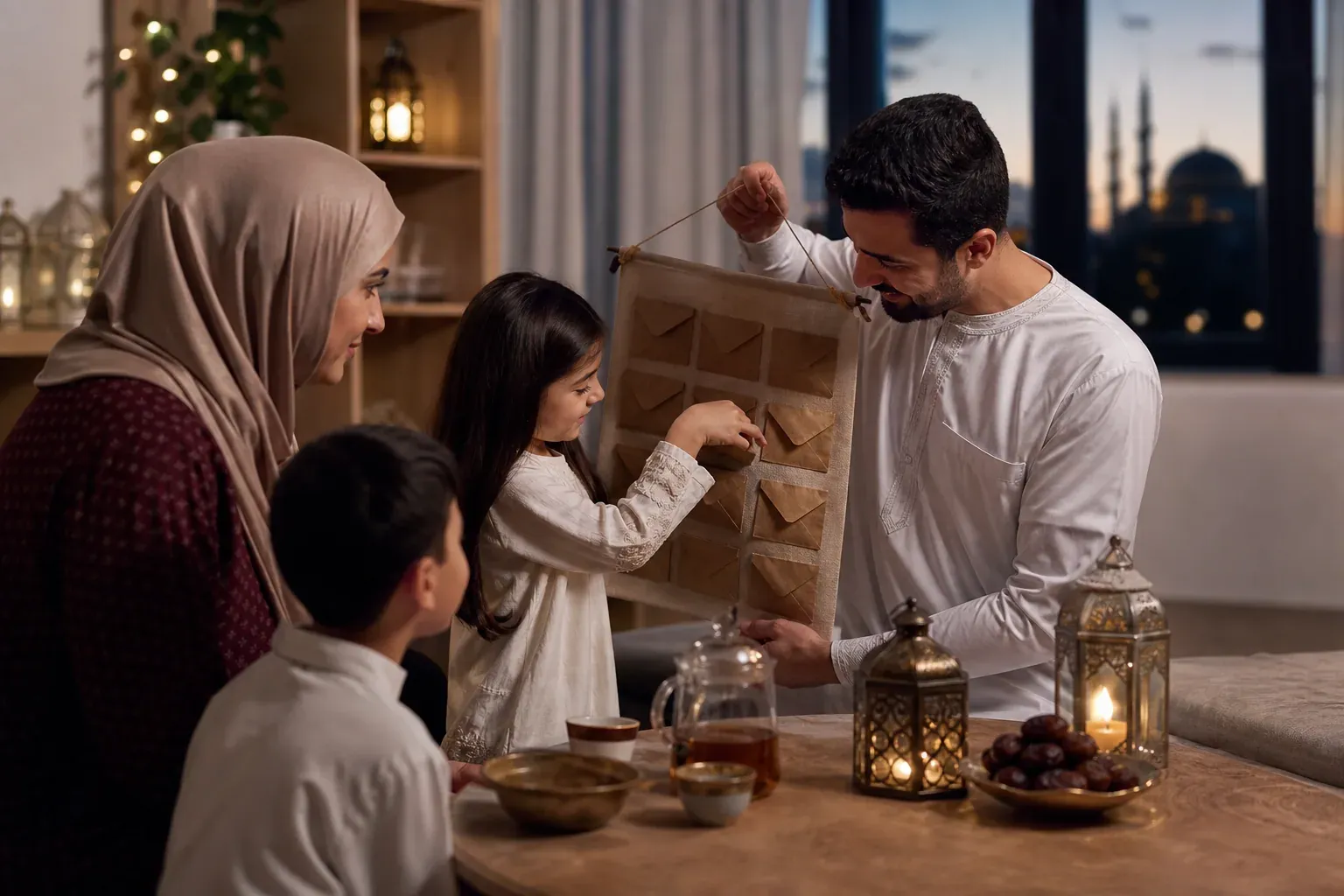 Une famille musulmane réunit dans un salon chaleureux autour d’un calendrier du Ramadan fait main, avec des enveloppes numérotées et une ambiance douce de soirée.