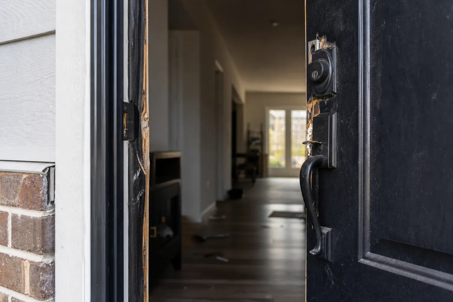 Porte d'entrée forcée avec des traces d'effraction visibles sur le chambranle, intérieur d'un logement en arrière-plan, lumière naturelle.