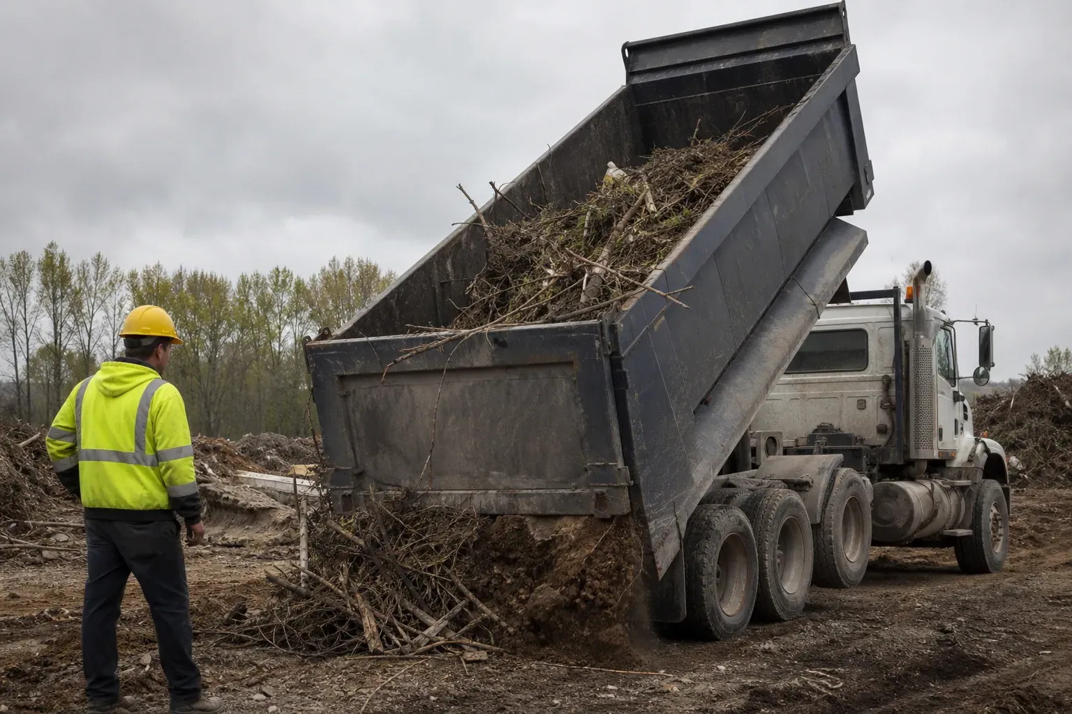 Un camion benne décharge des déchets de terrain sur un sol dégagé, avec un chantier en préparation et un opérateur en tenue de sécurité.