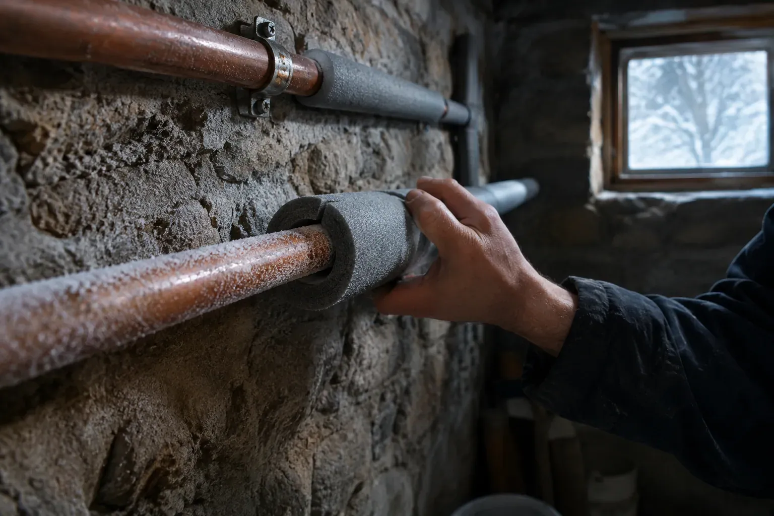 Tuyaux en cuivre le long du mur d'une cave non chauffée, en partie recouverts de manchons isolants gris, une main posant l'isolant sur une section givrée.