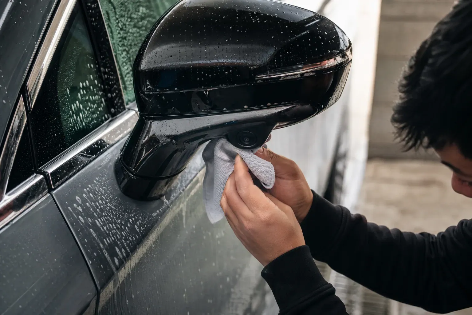 Gros plan sur une caméra 360° d’un SUV pendant un lavage auto, avec des gouttes d’eau et un nettoyage délicat à la microfibre.