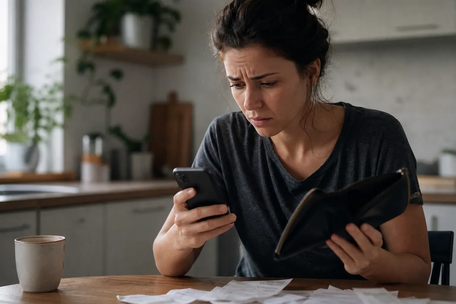 Personne composant un numéro sur son téléphone portable en tenant un portefeuille vide, à une table de cuisine, expression préoccupée, lumière naturelle.
