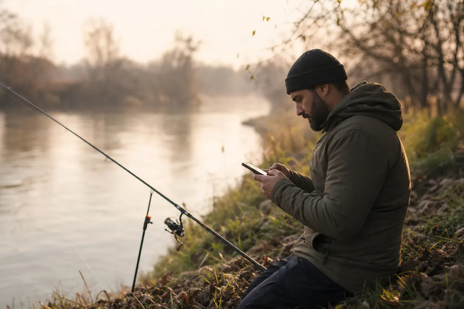 Pêcheur au bord d'une rivière consultant son téléphone, canne à pêche posée sur un support, lumière matinale.