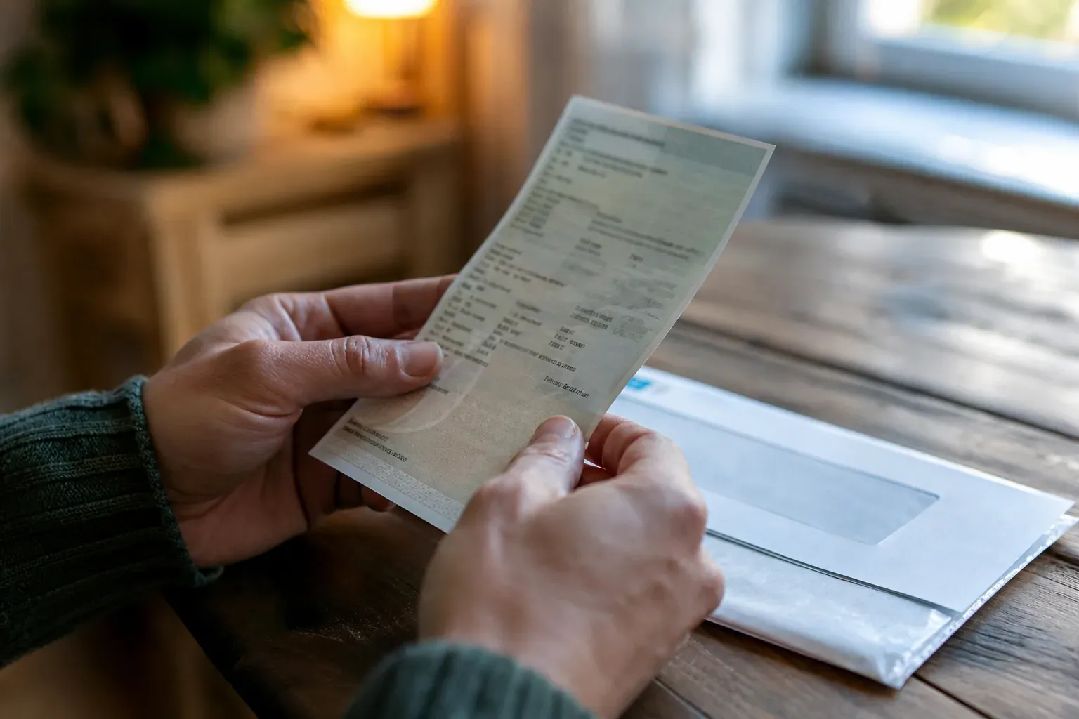 Personne consultant un certificat d'immatriculation français à côté d'une enveloppe de courrier administratif, sur une table.