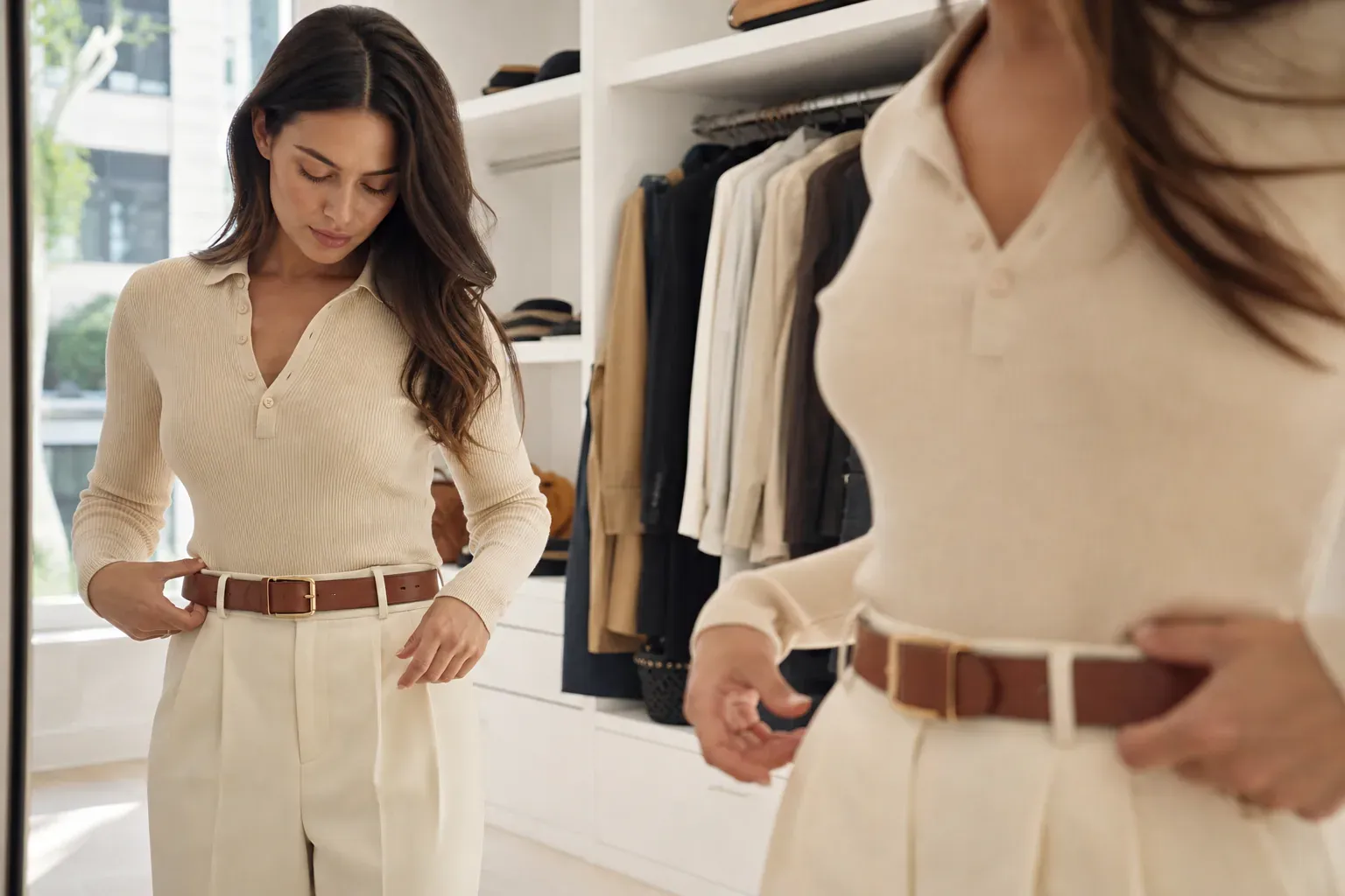 Une femme ajuste une ceinture en cuir devant un miroir, avec plusieurs tenues suspendues derrière elle dans une pièce lumineuse.