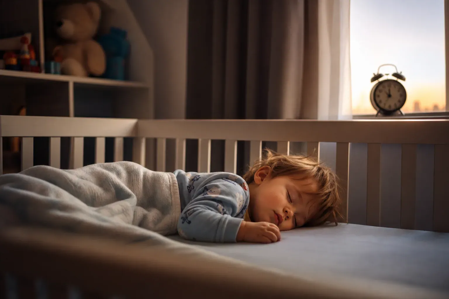 Jeune enfant endormi dans son lit à barreaux, dans une chambre douce à l'aube, rideaux occultants entrouverts et réveil posé sur une étagère.