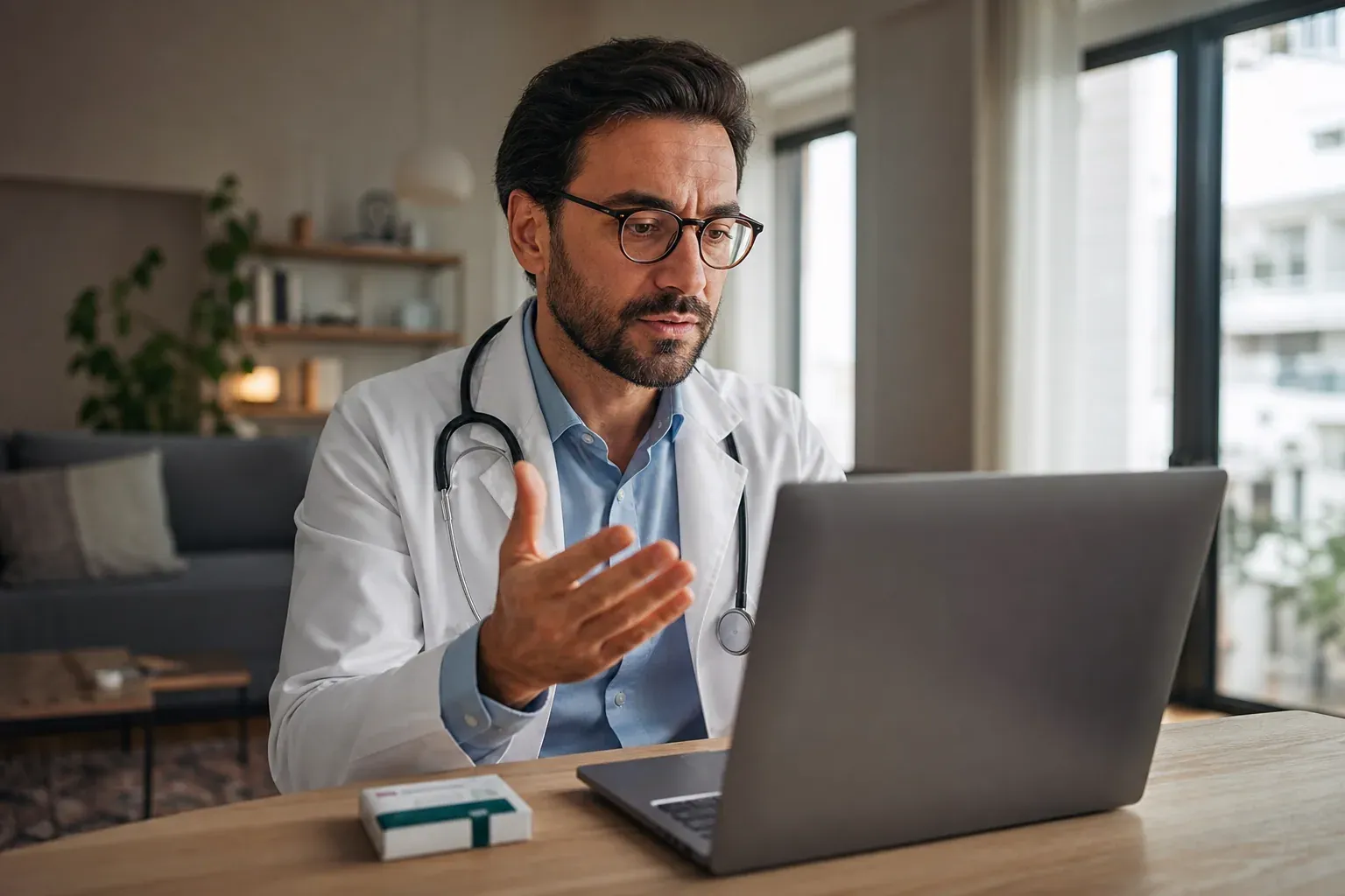 Un médecin en consultation vidéo sur ordinateur portable dans un intérieur moderne, avec une boîte de médicaments discrète posée sur la table.
