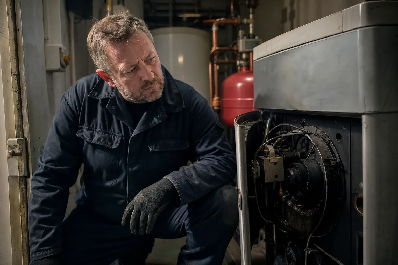 Technicien examinant une ancienne chaudière au fioul en panne dans une chaufferie domestique, lumière naturelle.