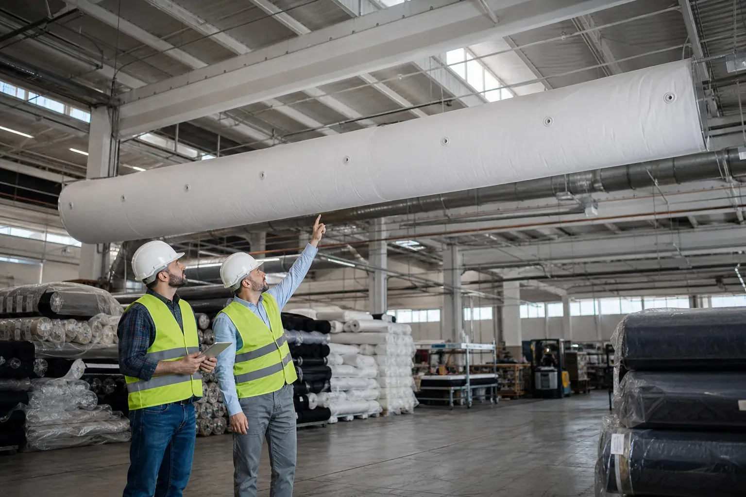 Intérieur d’un entrepôt industriel avec une gaine textile blanche suspendue au plafond et deux techniciens en train de vérifier l’installation.
