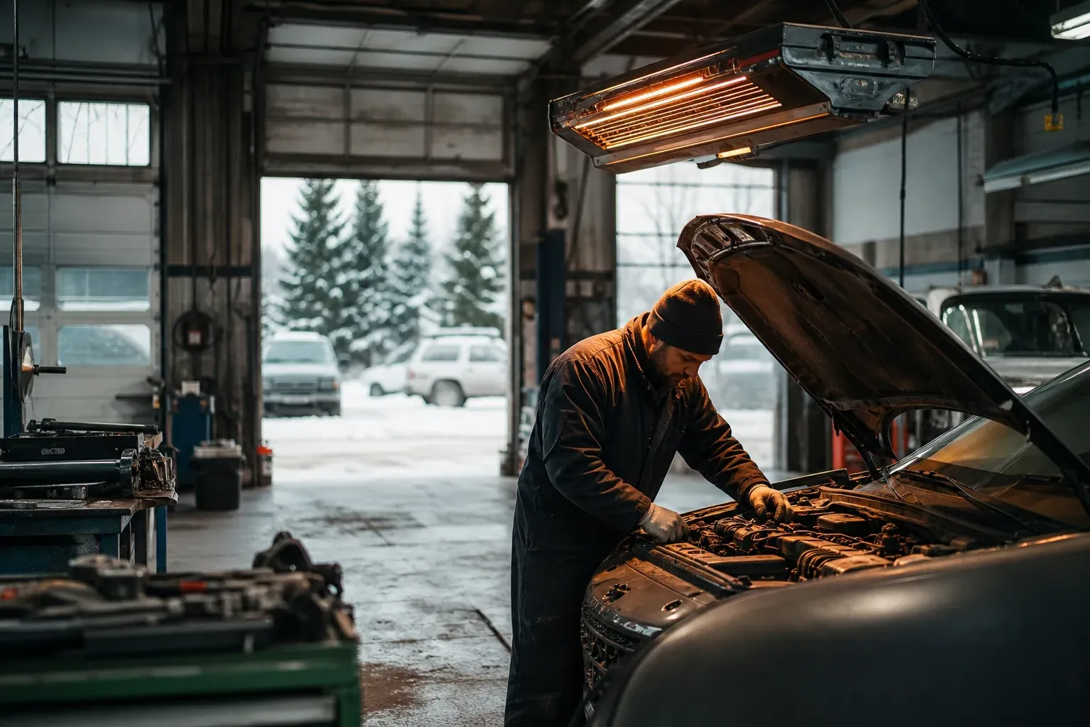 Atelier de garage professionnel avec chauffage industriel suspendu au plafond, mécanicien près d’un véhicule et grandes portes ouvertes.