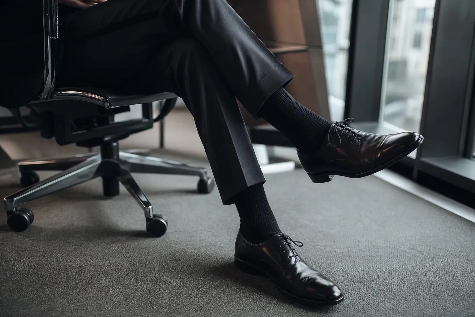 Gros plan sur un homme en costume sombre assis, avec chaussures habillées noires et chaussettes foncées visibles sous le pantalon.