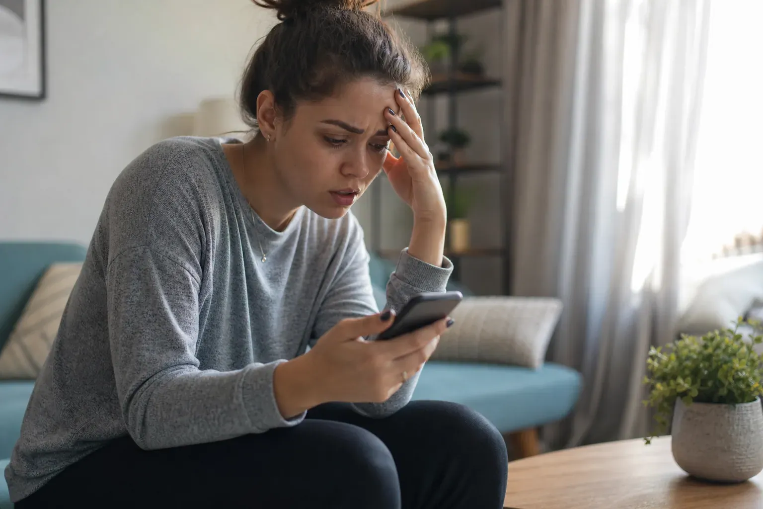 Personne consultant un relevé de compte bancaire à découvert sur son téléphone, expression préoccupée, lumière naturelle.