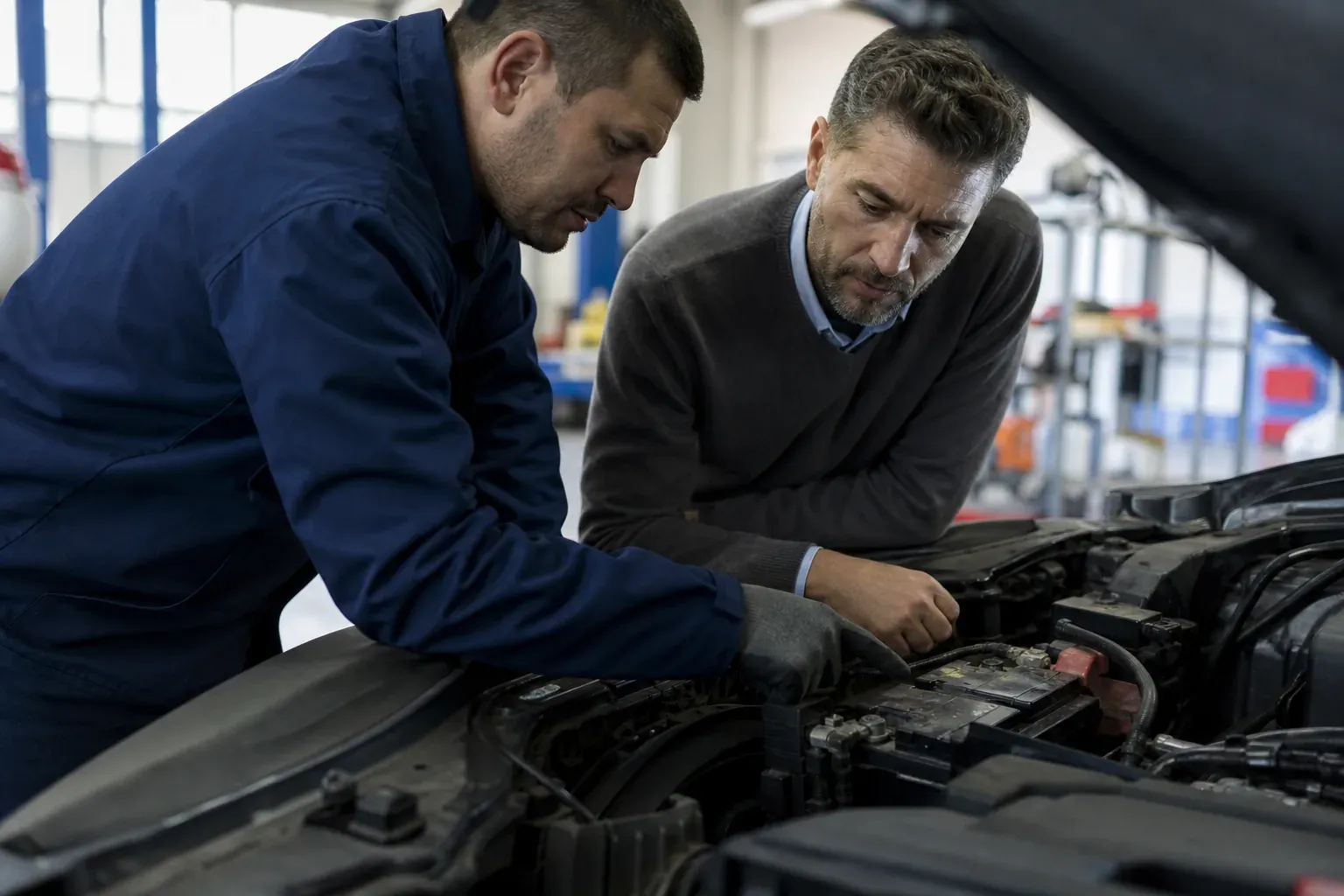Un mécanicien et un automobiliste examinent la batterie d’une voiture ouverte dans un atelier, avec les bornes et l’étiquette bien visibles.