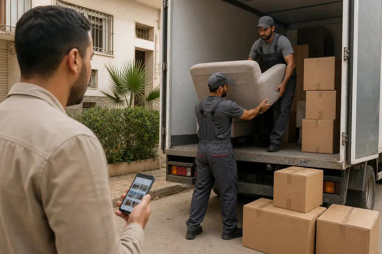 Déménageurs chargeant des cartons dans un camion devant un immeuble, avec une personne consultant une annonce sur son smartphone.